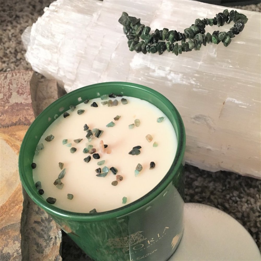 Genuine Emerald Pine Scented Candle & Chrome Diopside Bracelet